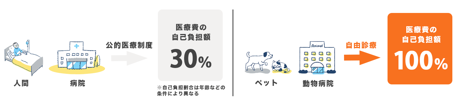 人とペットの保険制度の違い（人は3割負担、ペットは全額自己負担）