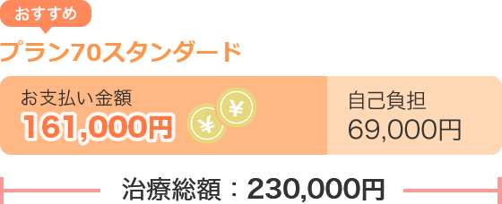 おすすめプラン70スタンダード お支払い金額161,000円 自己負担69,000円 治療総額230,000円